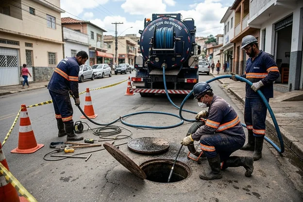 Equipe fazendo manutenção preventiva de esgoto em Ubá.