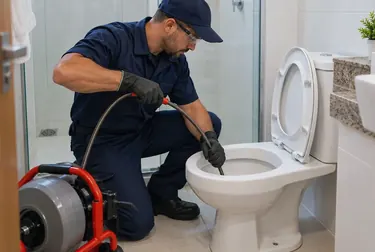 Profissional desentupindo vaso sanitário em Ubá.