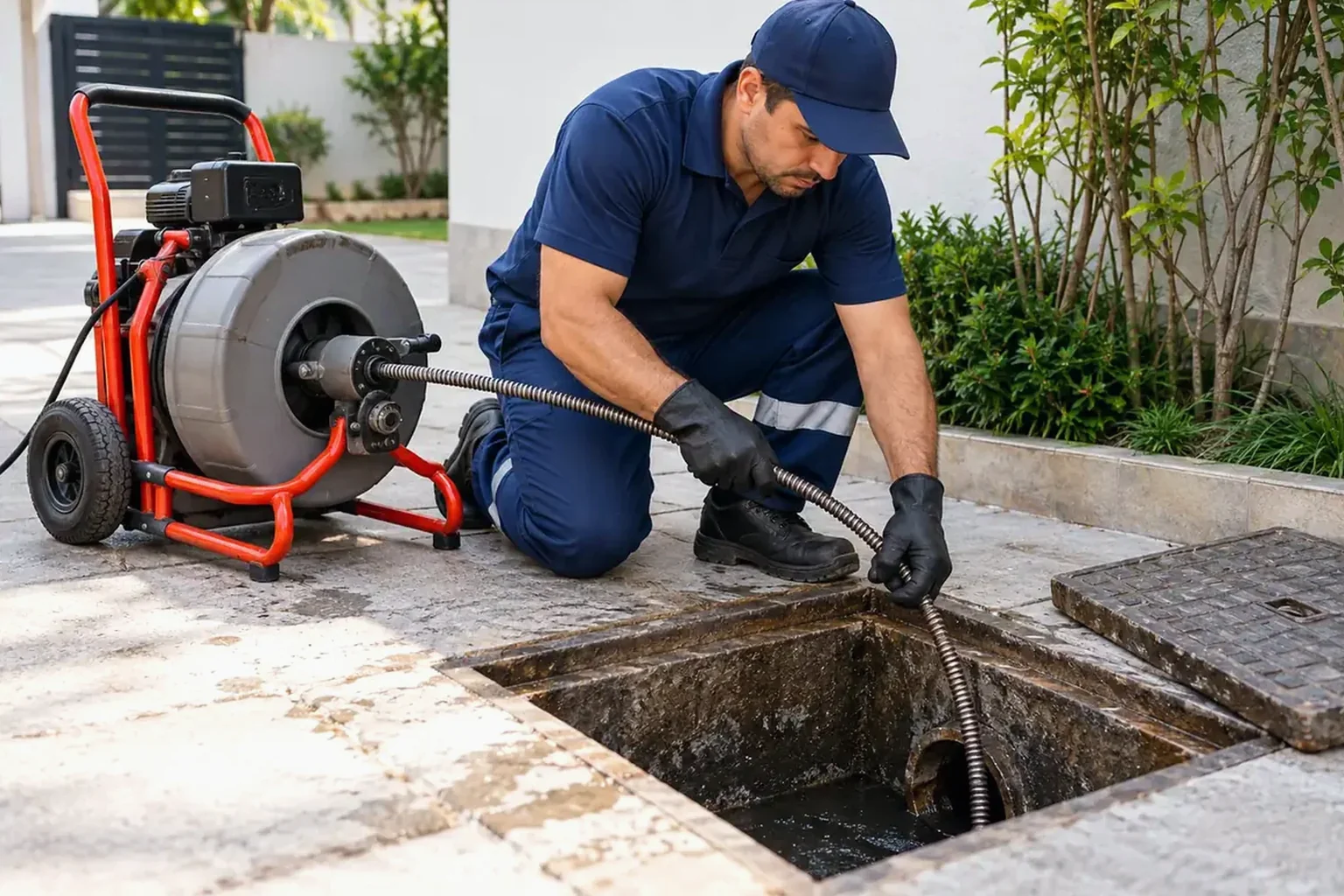 Técnico desentupindo esgoto em Ubá.