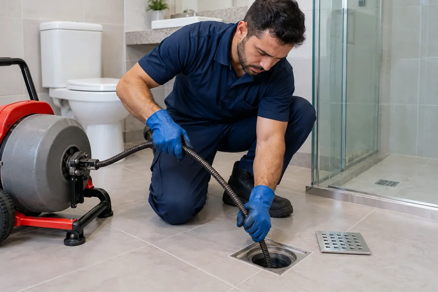 Técnico trabalhando no desentupimento de um ralo em Ubá.